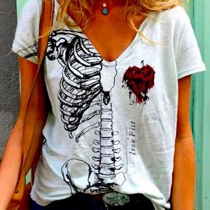 Women's skeleton print V neck T-shirt top
